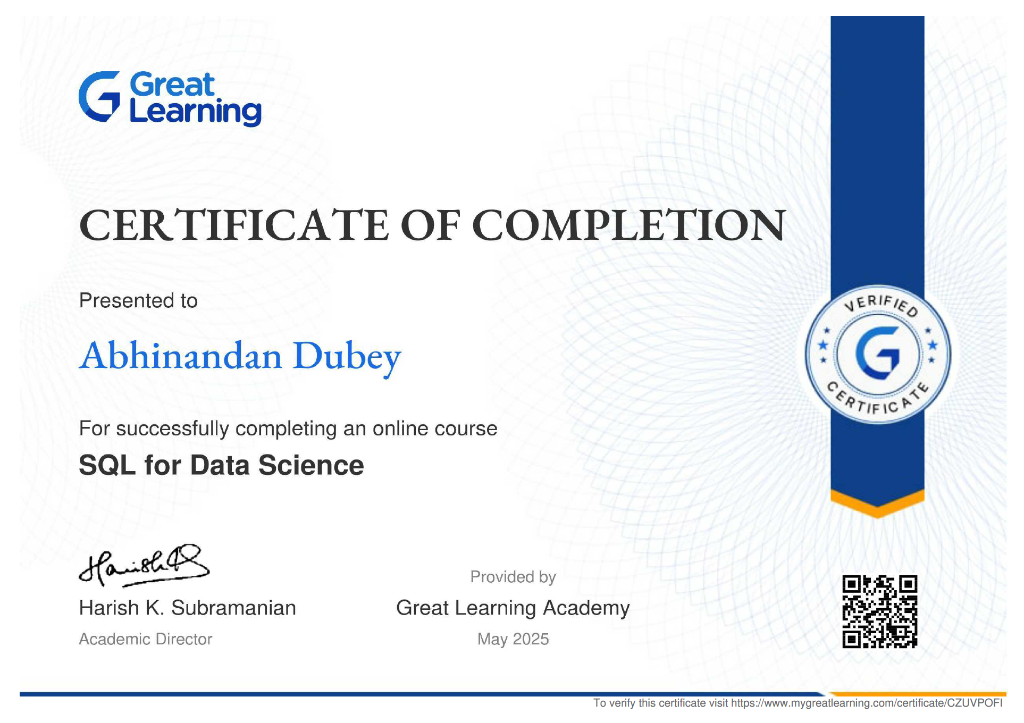 SQL for Data Science Certificate